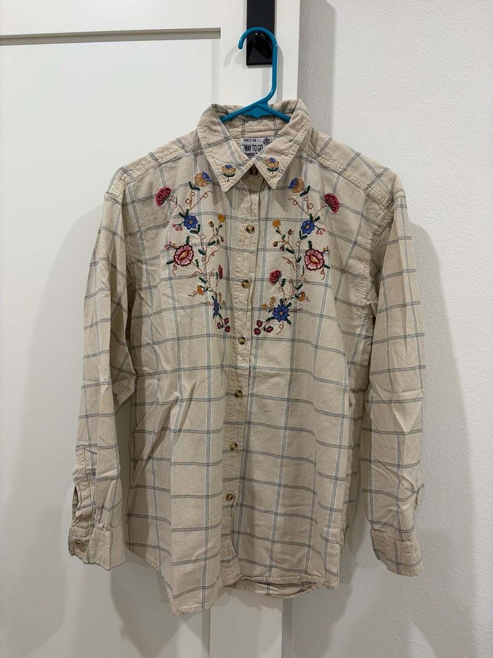 Way To Go Vintage Floral Embroidered Plaid Button Down Shirt